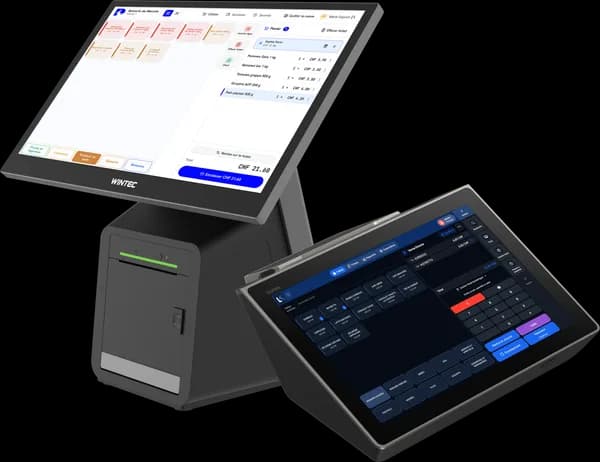 Deux caisses tactiles, une Wintec avec imprimante de tickets intégrée et une Sunmi